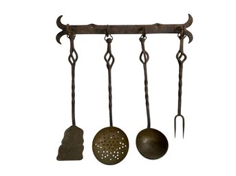 Vintage Primitive Wrought Iron And Copper Utensils With Wall Rack Set