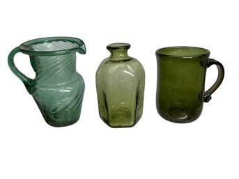Three Antique Or Vintage Hand Blown Glass Vessels Mug Pitcher Bottle Sun Catchers