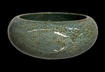 Vintage Porcelain Glazed Low Bowl Speckled Blue Glaze Unsigned