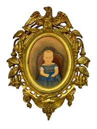 1840s Painted Portrait Of A Baby In Cast Iron Frame Trumpet Flowers