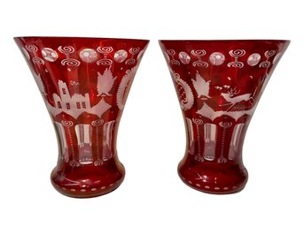 Pair Of Very Large Bohemian Czech Cut To Clear Glass Vases