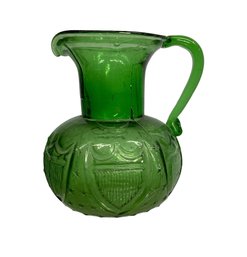 Antique Mold Blown Green Glass Pitcher With American Shield Decoration