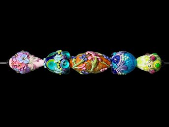 Five Large Lamp Work Glass Beads Intricate Designs