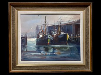 Large Paul Frontiero Harbor Scene Fishermans Wharf Gloucester Oil Painting On Canvas