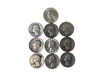 Lot Of Ten Silver Washington Quarters 1939 1942 1944 1948 1953 1962 1964 S D Mint Coins