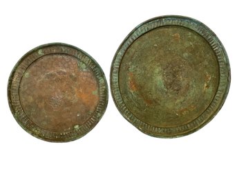 Two More Vintage Middle Eastern Distressed Copper Plated Trays With Decoration And Patina