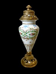 Antique Hand Painted Sevres  Or Type Porcelain And Brass Covered Small Vase