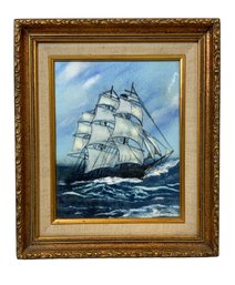 Vintage Framed Enamel Plaque Of Three Masted Ship Signed Lucey