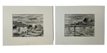 Two Vintage Charcoal Sketches Of Harbor Scene Figures On A Beach  Unsigned