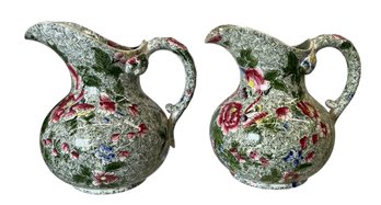 Pair Of Antique Spode Ceramic Pitchers New Fayence Floral Pattern