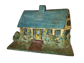 Antique 1920s Painted Cast Iron Doorstop Cottage With Rose Bushes