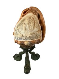 Fantastic Antique Victorian Carved Conch Shell Of Mother Mary On Brass Dolphin Base Sculpture Lamp