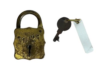 Antique Victor Gilt Brass Padlock With Key Working Eagle Lock Co Terryville CT