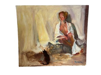 Vintage Oil On Paper Painting Of Woman With Black Cat Signed Spindler