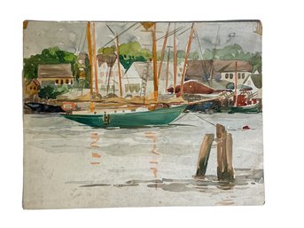 Unsigned Vintage Watercolor Of Boat At Dock Rockport Or Gloucester MA