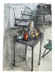 Vintage Mixed Media Sketch By Myra Hall Titled Kitchen Table Signed Gloucester Artist