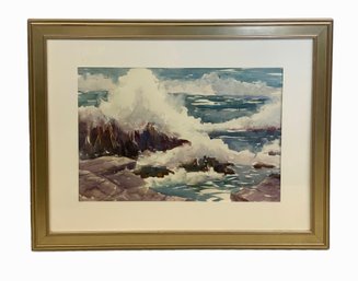 Margaret Laurie Watercolor Of Crashing Surf On Rocks Gloucester Artist