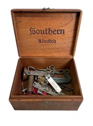 Vintage Southern Limited Blunts Box With Contents Fitzgerald  And Schaefer Beer Openers Craftsman Vise Etc