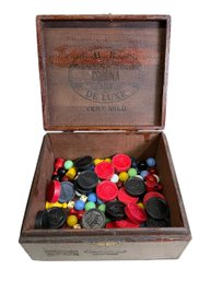 Vintage Corona Cigar Box With Assorted Vintage And Antique Game Pieces Marbles Dice Checkers Etc