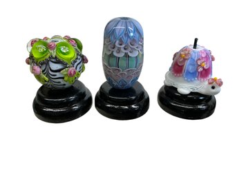 Three Centerpiece Lamp Work Blown Glass Beads Boho Style Multicolor Floral And A Cute Turtle