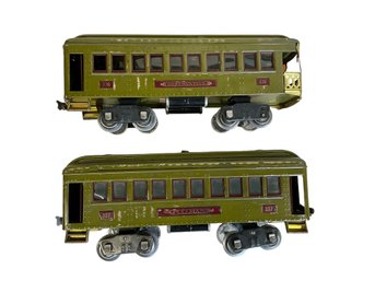 Two Toy  Lionel Observation Car Trains 338 And 337 Light Olive With Original Boxes