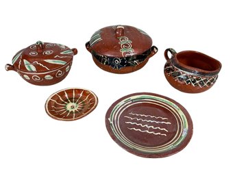 Group Of Vintage Colorful Mexican Pottery Terra Cotta Pieces Covered Bowls Small Dishes And A Small Pitcher