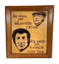 Vintage Victor Jara Pyrography Art Plaque Chilean  Communsim 1973 Coup Pinochet Military Overthrow