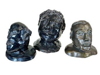 Trio Of Folk Art Clay Sculpted Busts Black/tin Glaze