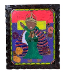 Africana Folk Art Holy Child Reverse Painted Glass In A Hand Carved Frame