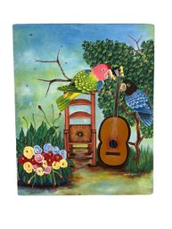 Daniel Gedeon Haitian Artist Oil On Bedsheet Painting Of Parrots And Guitar