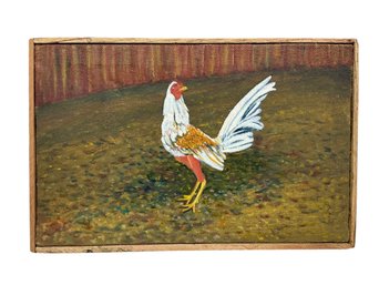 Miniature Folk Art  Oil On Canvas Painting Of A Chicken From Cuba