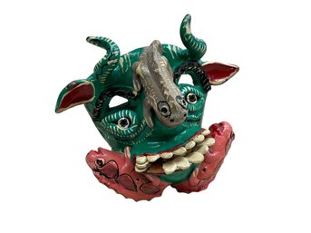 Vintage Folk Art Glazed Terra Cotta Diablo Mask With Lizard Decoration