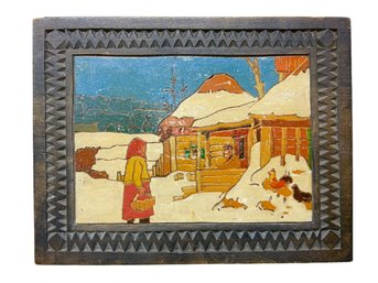 Hand Painted Russian Folk Art Box Woman In Snowy Scene