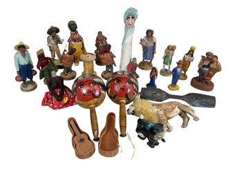 Various Folk Art Bits And Bobs Dolls Figurines Maracas Toys Etc