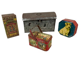 Four Vintage Tin Boxes Lithograph Dog Mackintosh Candy Egyptian Cigarettes Mignon Folk Art Etc