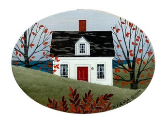 Vintage 1990 Miniature Hand Painted Autumn Scene Oval Shaker Style Box By Susan Viera Of Maine