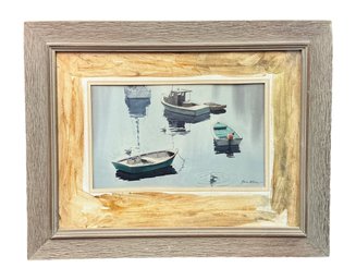 Gene Klebe (1907-2009) Signed Watercolor Boats And Gulls In Original Frame Maine Artist