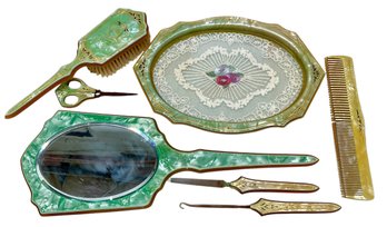 Pyramid Antique Green Celluloid Pearlescent Vanity Set