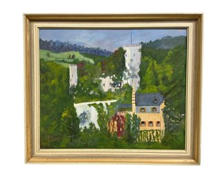 Vintage Oil On Canvas Of European Castle In Landscape By Gloucester MA Artist Mitchell