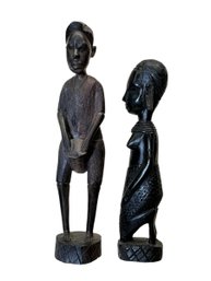 Pair Of Hand Carved African Statue Figures Man With Drum And Woman