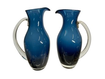 Two Mid Century Hand Blown Art Glass Pitcher Form Vases