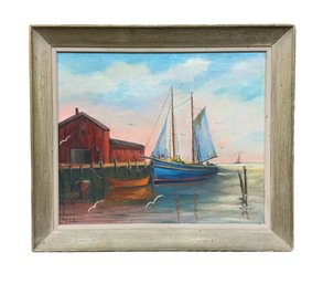 Vintage Oil On Canvas Of Motif 1 In Rockport MA With Sailboat By Pete