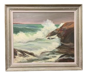 Byron Brooks (1906-1978) Oil On Canvas Of Crashing Surf With Twin Lights Cape Ann