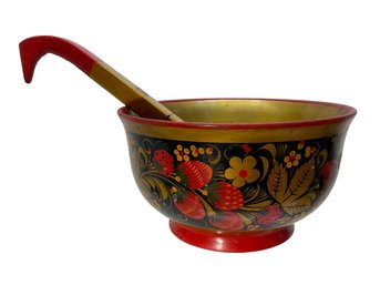 Wooden Russian Folk Art Hand Painted Bowl And Ladle