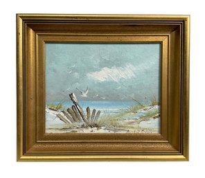 Vintage Oil On Canvas Of Dunes Beach Seashore And Seagulls Signed Morgan