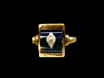 10K Gold Art Deco Onyx Cylinder And Diamond Ring Helm And Hahn
