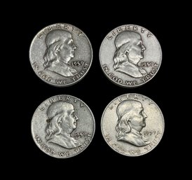 Four Franklin Half Dollar Coins D Mint Mark 1959 90 Percent Silver