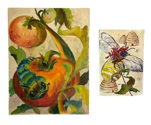 Two Insect 1940s Watercolors Of Grotesque Insects Unsigned