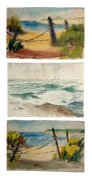 Three Vintage Watercolors Of Beach Sea Crashing Waves And Sailboats