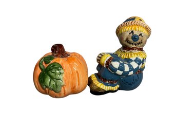 Vintage Porcelain Scarecrow And Pumpkin Salt And Pepper Shaker Set Halloween Decor Kitsch